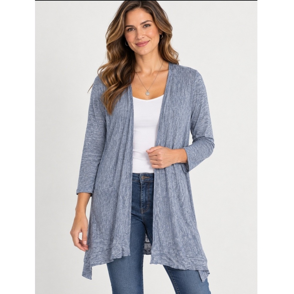 Tahari Cardigan S Blue 100% Linen Open Front Long Sleeve Sophisticated Marl Knit